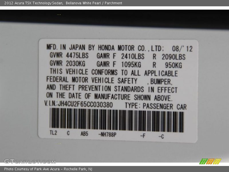 Bellanova White Pearl / Parchment 2012 Acura TSX Technology Sedan