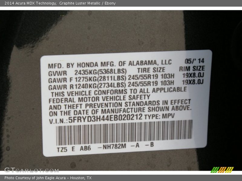 Graphite Luster Metallic / Ebony 2014 Acura MDX Technology
