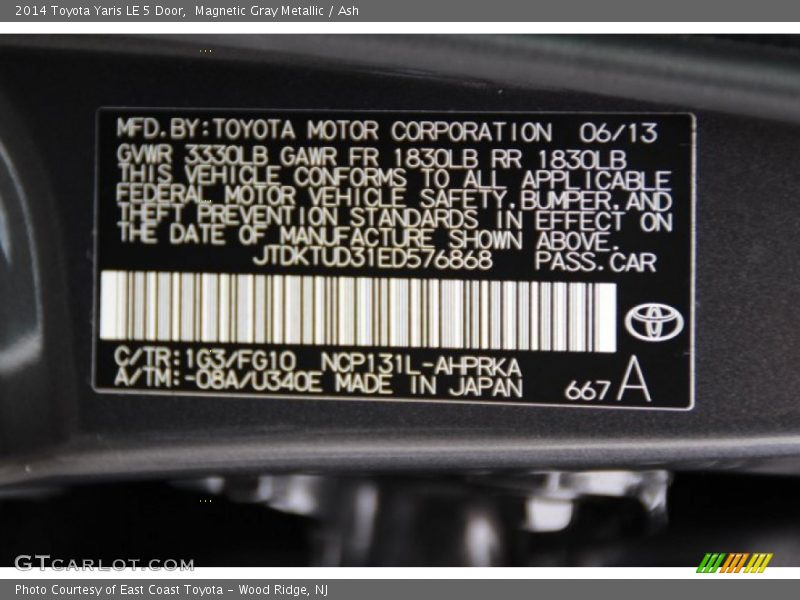 2014 Yaris LE 5 Door Magnetic Gray Metallic Color Code 1G3