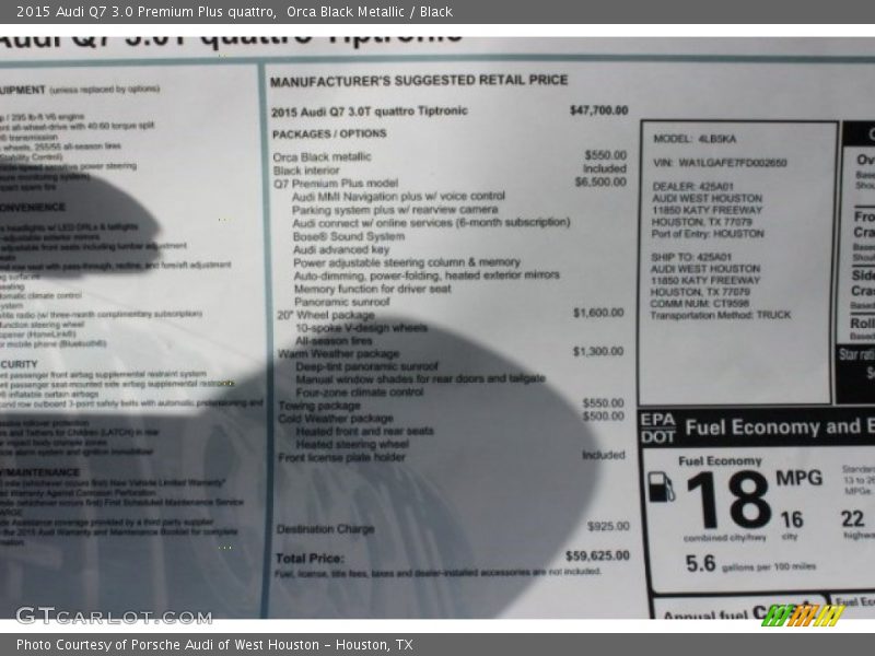  2015 Q7 3.0 Premium Plus quattro Window Sticker