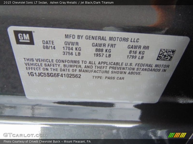 Ashen Gray Metallic / Jet Black/Dark Titanium 2015 Chevrolet Sonic LT Sedan