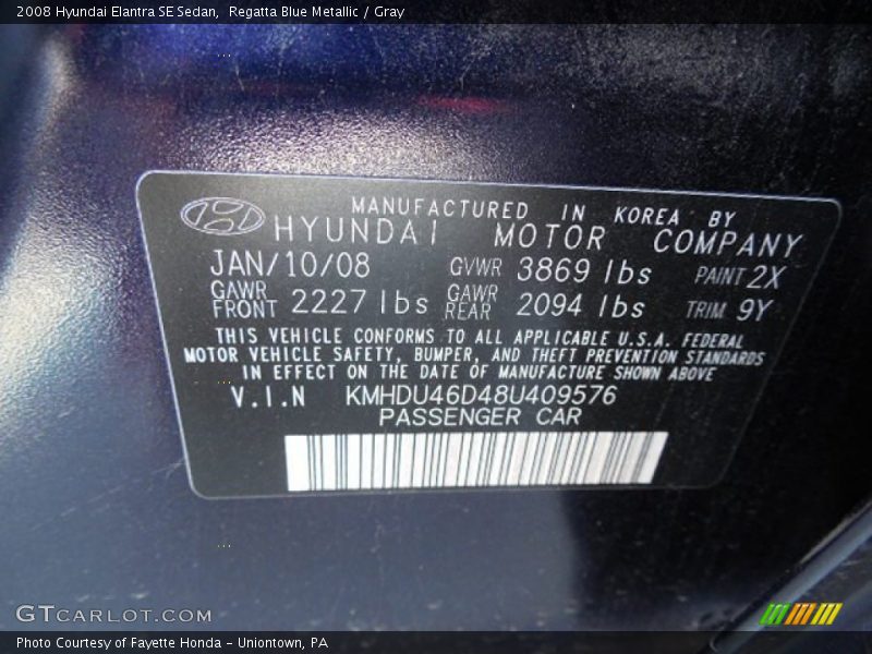 Regatta Blue Metallic / Gray 2008 Hyundai Elantra SE Sedan