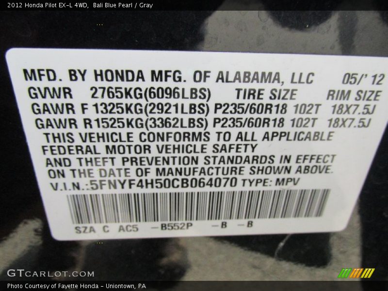 Bali Blue Pearl / Gray 2012 Honda Pilot EX-L 4WD