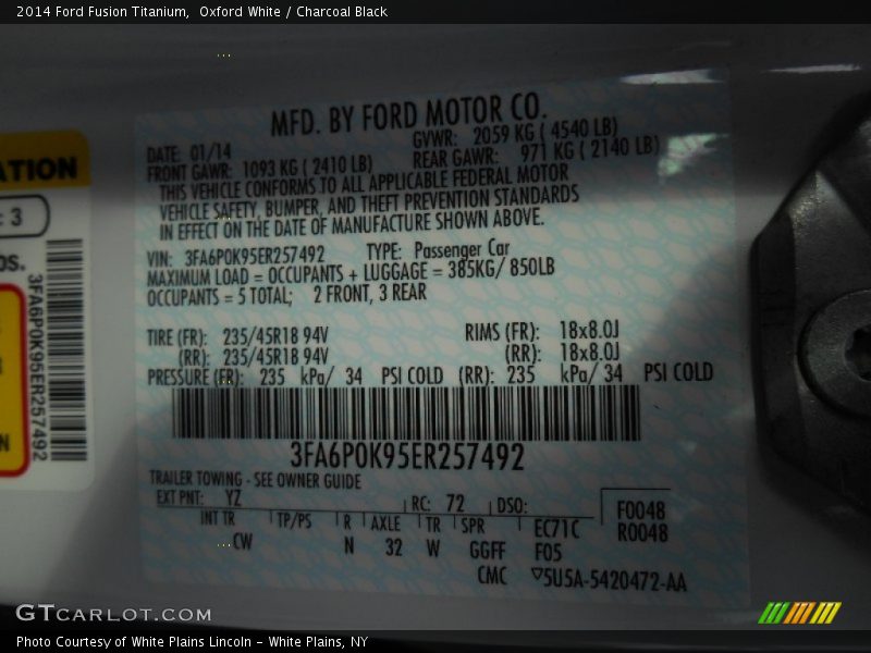 Oxford White / Charcoal Black 2014 Ford Fusion Titanium
