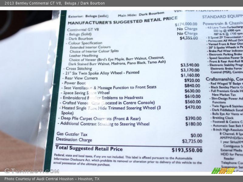  2013 Continental GT V8  Window Sticker