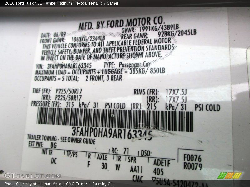 White Platinum Tri-coat Metallic / Camel 2010 Ford Fusion SE