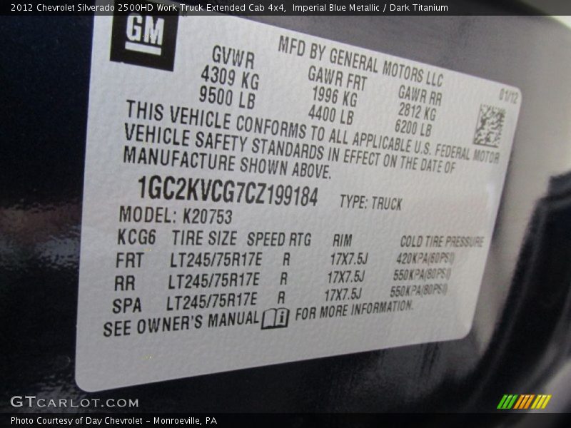 Imperial Blue Metallic / Dark Titanium 2012 Chevrolet Silverado 2500HD Work Truck Extended Cab 4x4