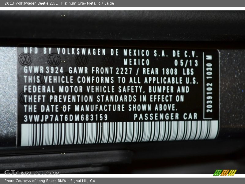 Platinum Gray Metallic / Beige 2013 Volkswagen Beetle 2.5L