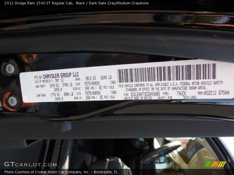 Black / Dark Slate Gray/Medium Graystone 2012 Dodge Ram 1500 ST Regular Cab