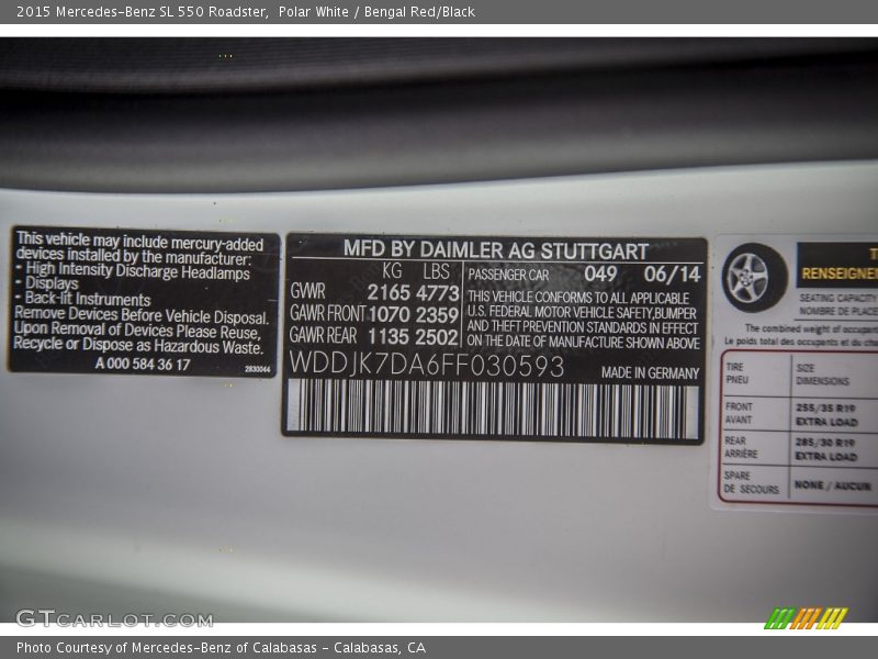 2015 SL 550 Roadster Polar White Color Code 049
