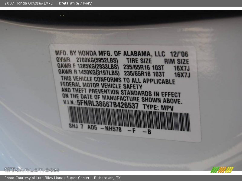Taffeta White / Ivory 2007 Honda Odyssey EX-L