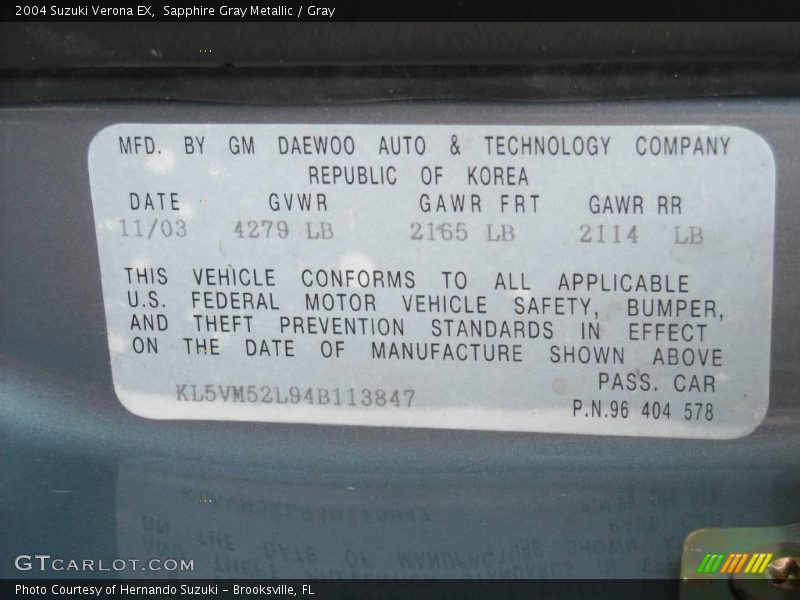 Sapphire Gray Metallic / Gray 2004 Suzuki Verona EX