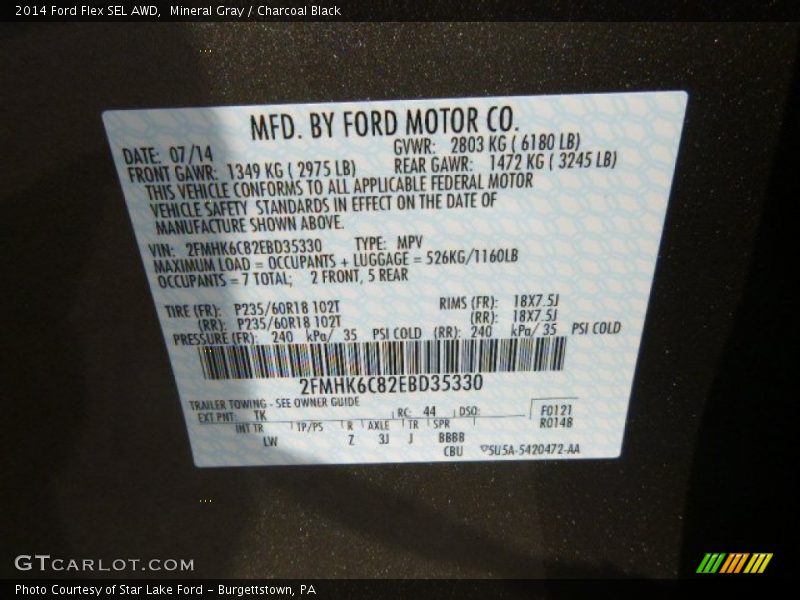 Mineral Gray / Charcoal Black 2014 Ford Flex SEL AWD