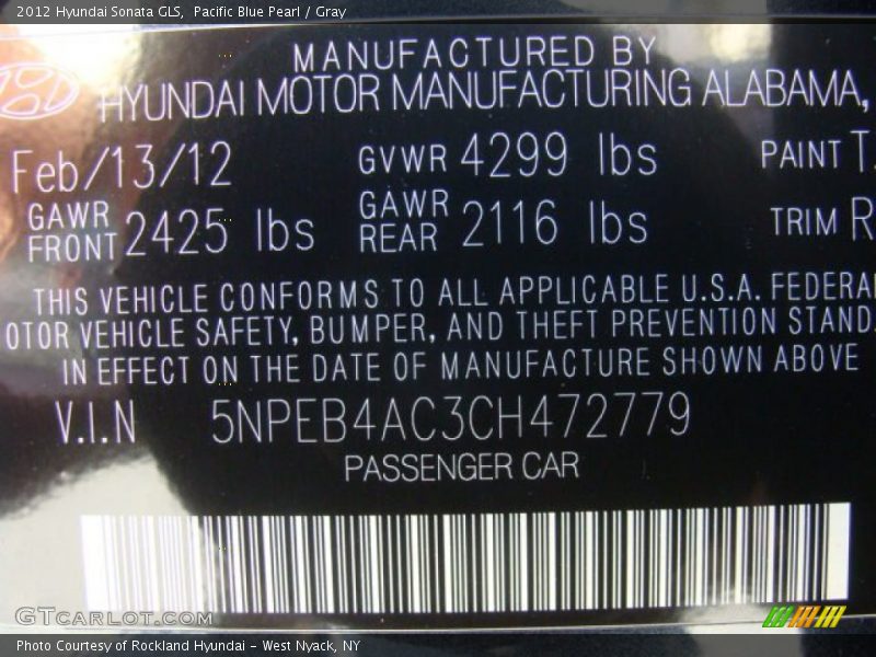 Pacific Blue Pearl / Gray 2012 Hyundai Sonata GLS