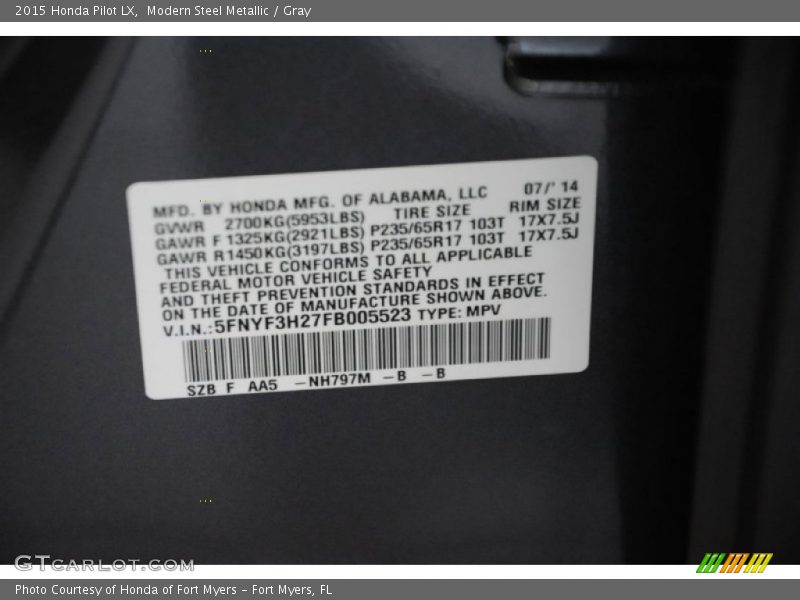 Modern Steel Metallic / Gray 2015 Honda Pilot LX
