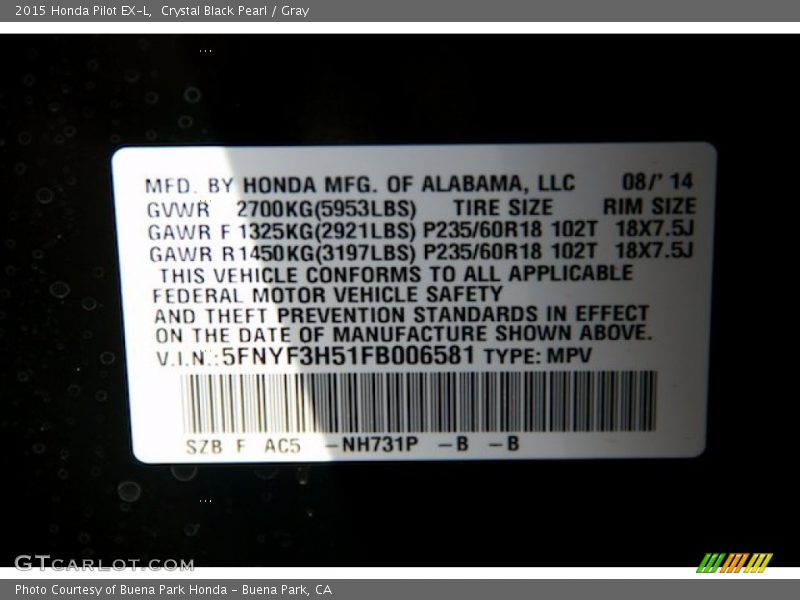 Crystal Black Pearl / Gray 2015 Honda Pilot EX-L