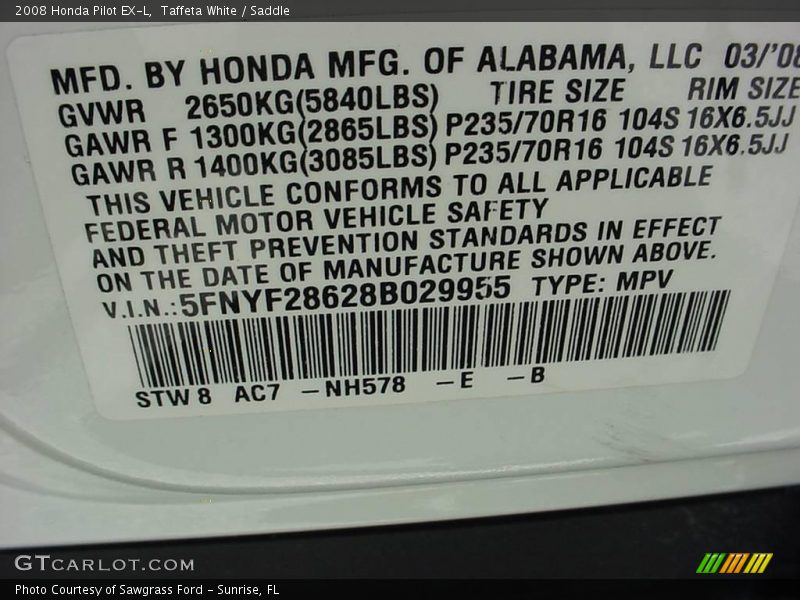Taffeta White / Saddle 2008 Honda Pilot EX-L