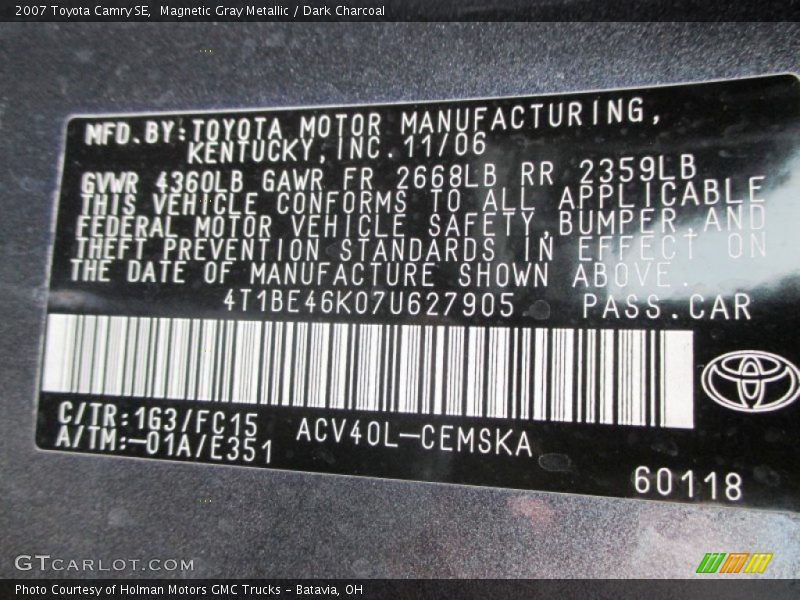 Magnetic Gray Metallic / Dark Charcoal 2007 Toyota Camry SE