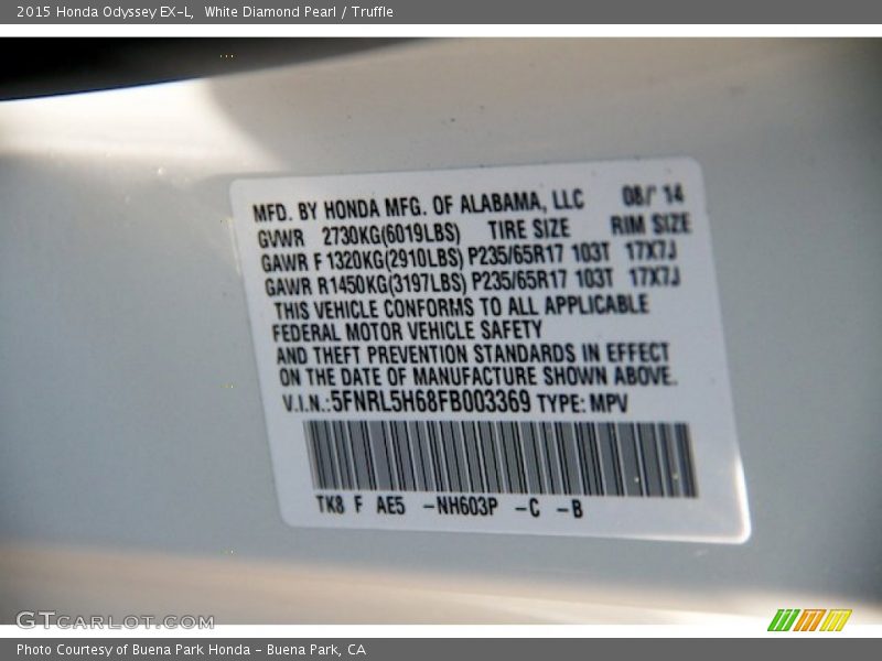 White Diamond Pearl / Truffle 2015 Honda Odyssey EX-L