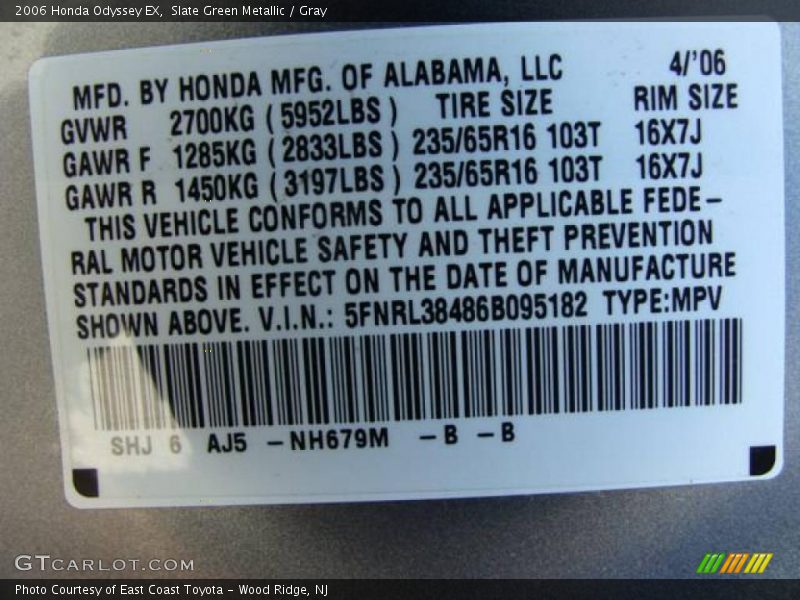 Slate Green Metallic / Gray 2006 Honda Odyssey EX