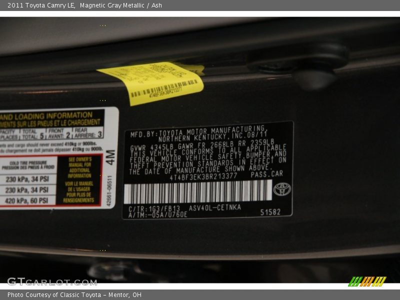 Magnetic Gray Metallic / Ash 2011 Toyota Camry LE