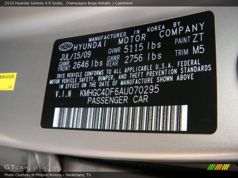 Champagne Beige Metallic / Cashmere 2010 Hyundai Genesis 4.6 Sedan