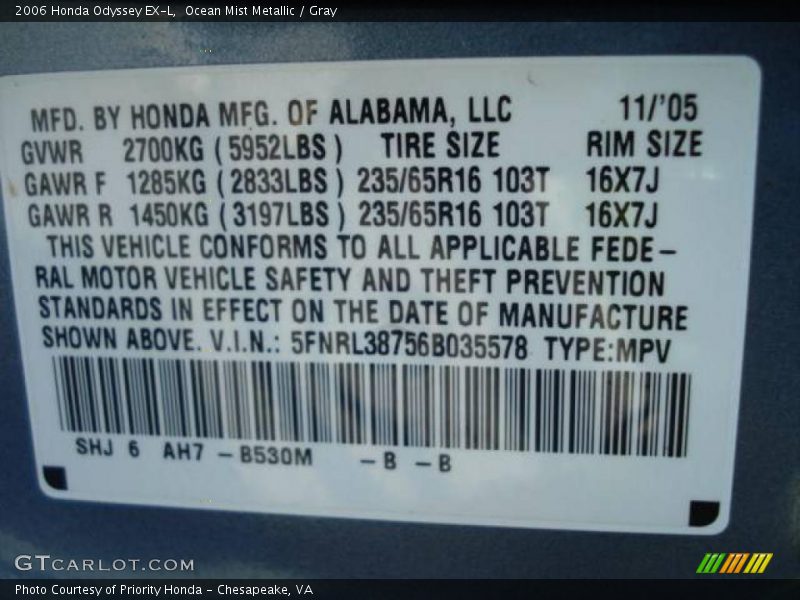 Ocean Mist Metallic / Gray 2006 Honda Odyssey EX-L