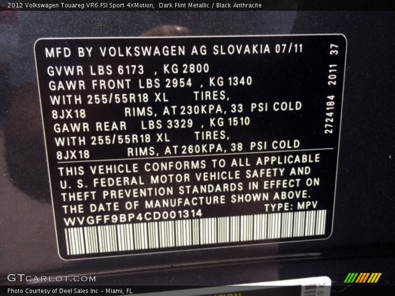Dark Flint Metallic / Black Anthracite 2012 Volkswagen Touareg VR6 FSI Sport 4XMotion
