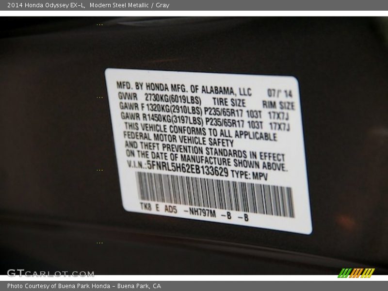 Modern Steel Metallic / Gray 2014 Honda Odyssey EX-L