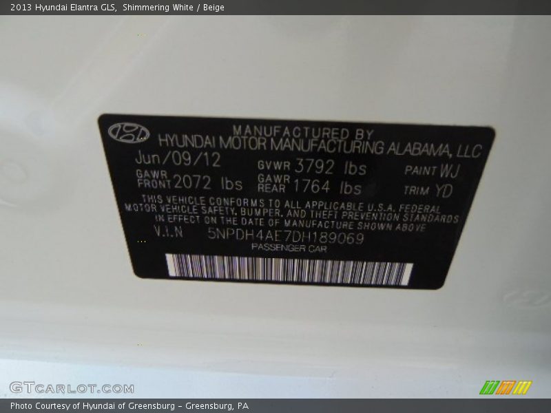 Shimmering White / Beige 2013 Hyundai Elantra GLS