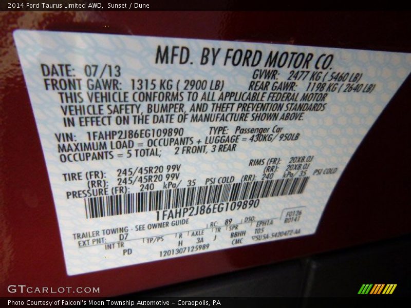 2014 Taurus Limited AWD Sunset Color Code D7