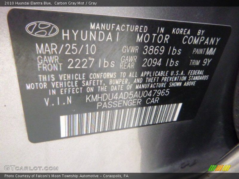 Carbon Gray Mist / Gray 2010 Hyundai Elantra Blue