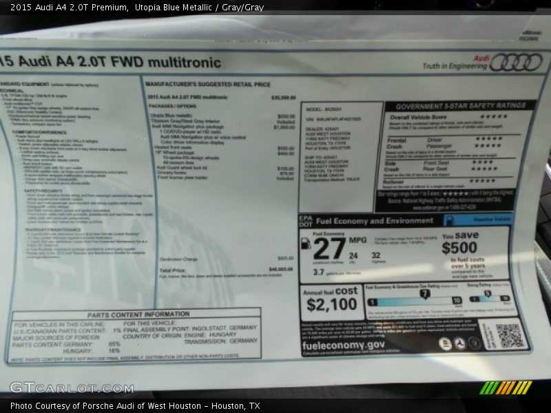  2015 A4 2.0T Premium Window Sticker