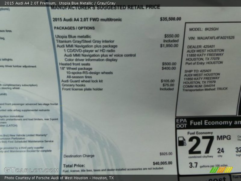  2015 A4 2.0T Premium Window Sticker