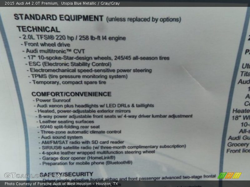 Utopia Blue Metallic / Gray/Gray 2015 Audi A4 2.0T Premium