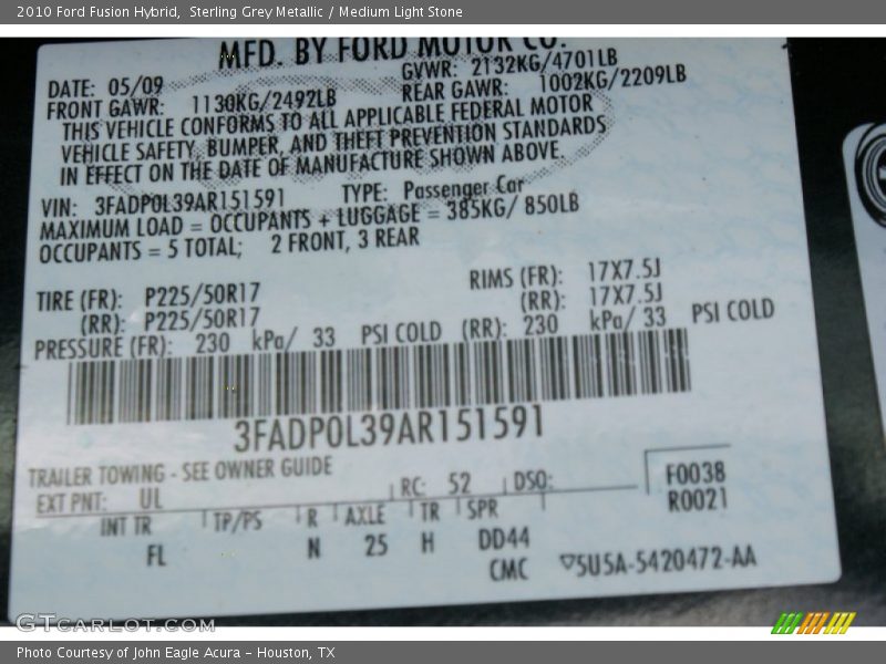 Sterling Grey Metallic / Medium Light Stone 2010 Ford Fusion Hybrid