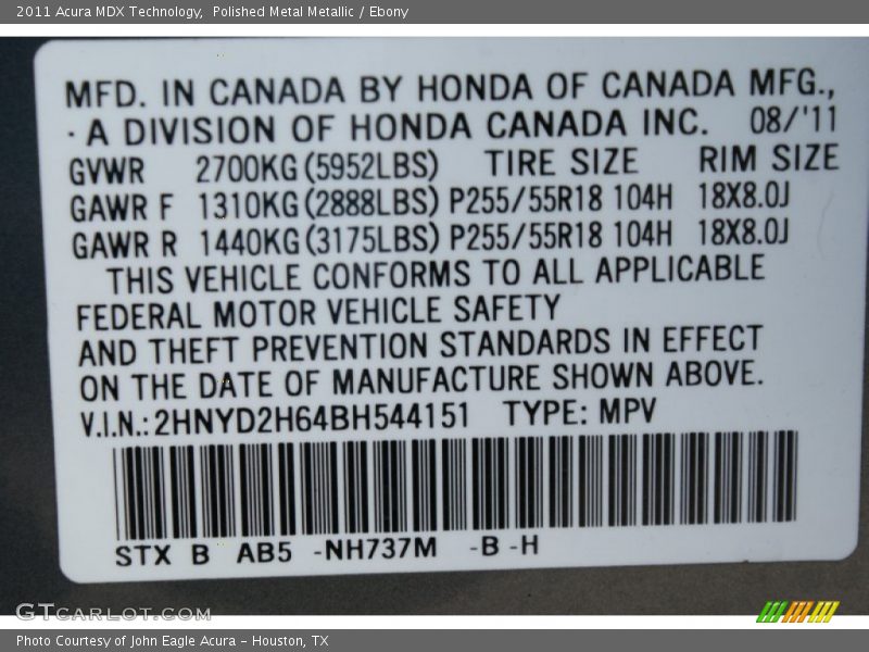 Polished Metal Metallic / Ebony 2011 Acura MDX Technology