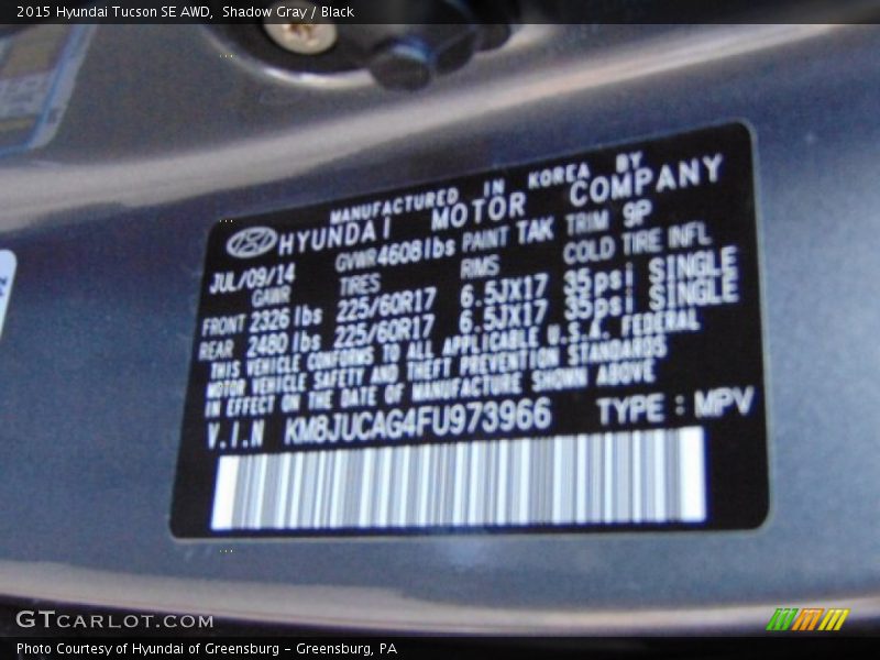 2015 Tucson SE AWD Shadow Gray Color Code TAK