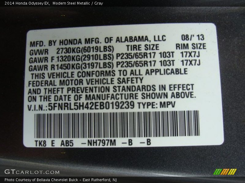 Modern Steel Metallic / Gray 2014 Honda Odyssey EX