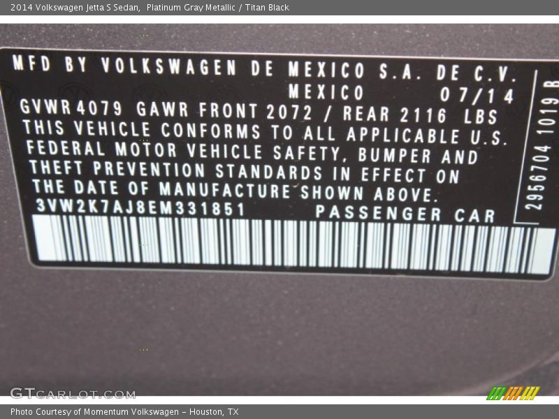 Platinum Gray Metallic / Titan Black 2014 Volkswagen Jetta S Sedan