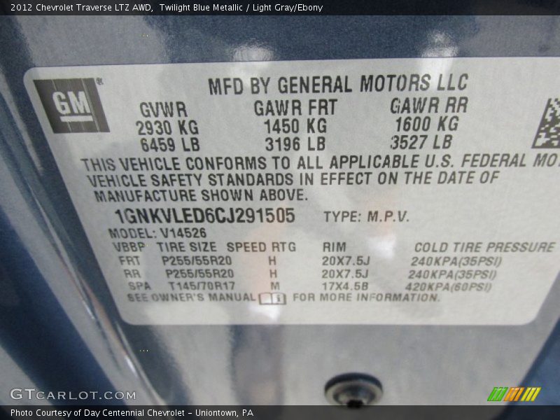 Twilight Blue Metallic / Light Gray/Ebony 2012 Chevrolet Traverse LTZ AWD