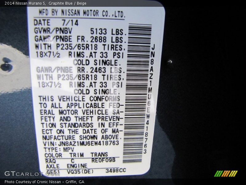 Graphite Blue / Beige 2014 Nissan Murano S