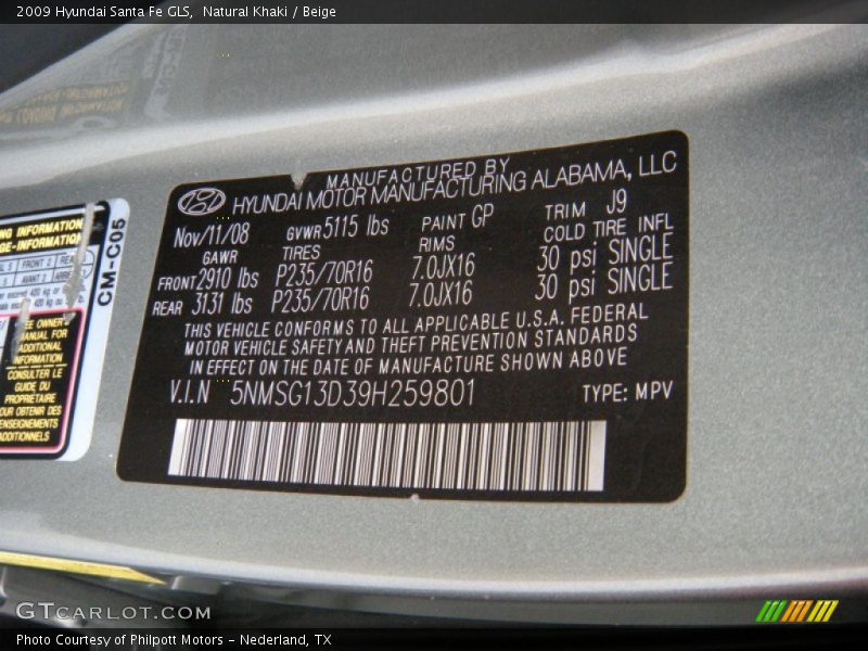 Natural Khaki / Beige 2009 Hyundai Santa Fe GLS