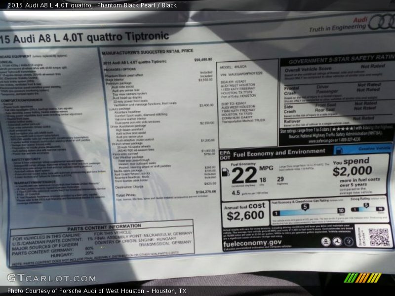 Phantom Black Pearl / Black 2015 Audi A8 L 4.0T quattro