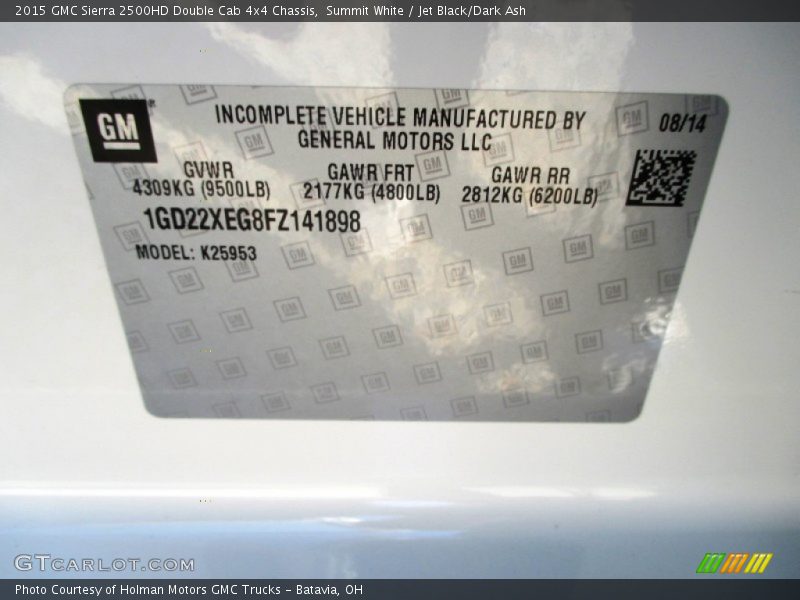 Info Tag of 2015 Sierra 2500HD Double Cab 4x4 Chassis
