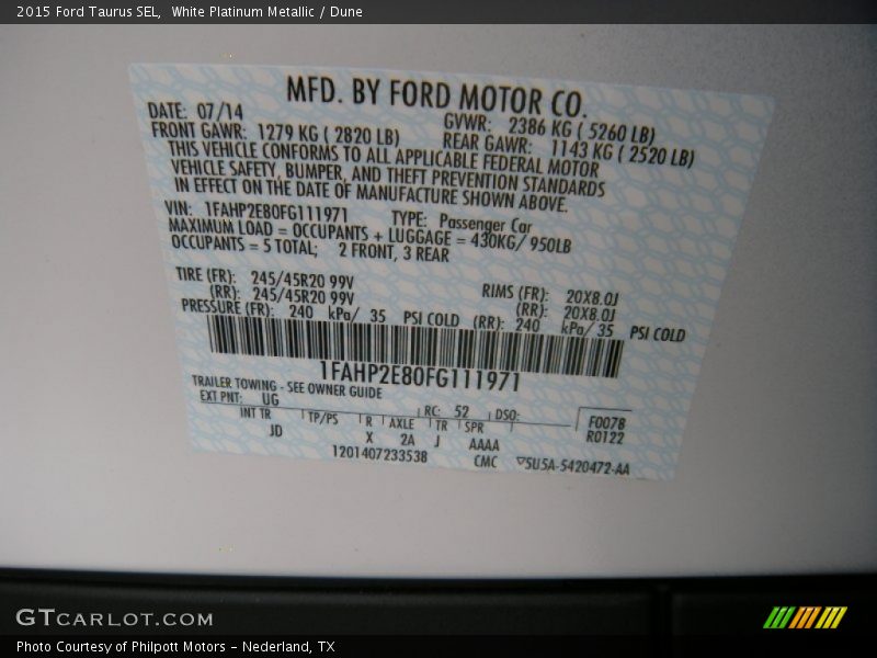 White Platinum Metallic / Dune 2015 Ford Taurus SEL