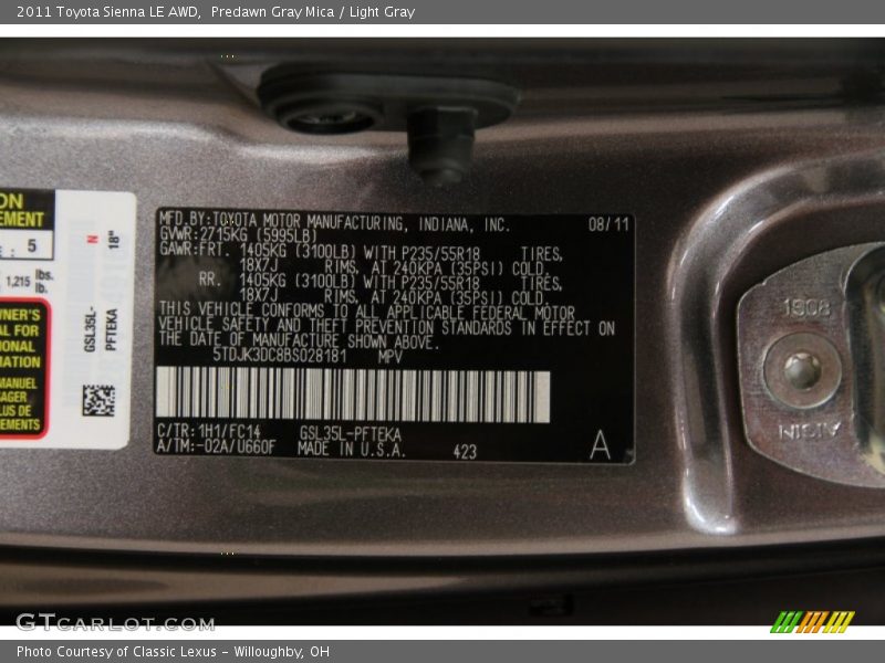 Predawn Gray Mica / Light Gray 2011 Toyota Sienna LE AWD