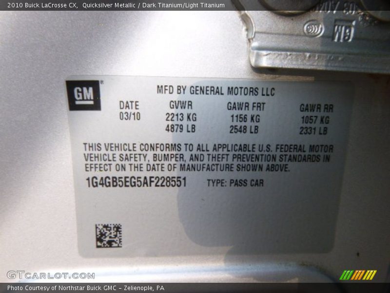 Quicksilver Metallic / Dark Titanium/Light Titanium 2010 Buick LaCrosse CX