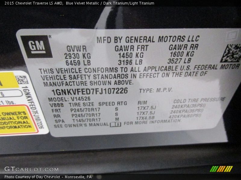 Blue Velvet Metallic / Dark Titanium/Light Titanium 2015 Chevrolet Traverse LS AWD