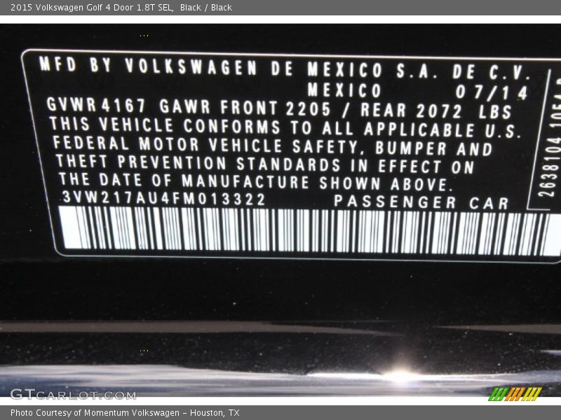 Black / Black 2015 Volkswagen Golf 4 Door 1.8T SEL